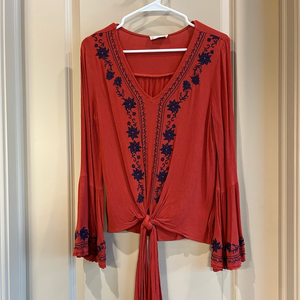 Altard State Embroidered Tie Front Blouse Size S